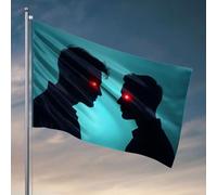 Drapeaux humoristiques avec deux silhouettes face à face avec yeux rouges brillants. Drapeau de jardin avec support pour homme et grotte (152 x 244 cm)