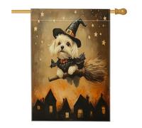 Drapeaux maltais d'Halloween pour maison de chien - 71,1 x 101,6 cm - Double face pour décoration, balai de sorcière, étoiles - Toile de jute - Drapeaux de décoration pour extérieur