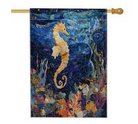 Drapeaux matelassés de style océan, hippocampe, 71,1 x 101,6 cm, double face pour l'extérieur, la vie marine côtière cool en lin vertical, drapeau pour la maison, la mer, sous-marin, cour