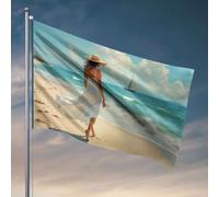 Drapeaux mignons pour chambre d'adolescentes - Une femme en robe blanche marche le long de la plage avec un voilier au loin. Décoration de bar pour la maison - Décoration amusante de chambre (152 x