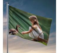 Drapeaux muraux amusants « A Girl Feeding A Duck By The Lake » - Décoration de chambre d'université - Accessoires de bar pour homme (152 x 244 cm)