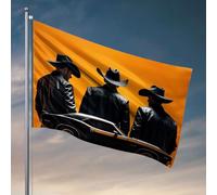 Drapeaux muraux amusants avec trois hommes en chapeaux de cowboy debout derrière une voiture musculaire classique. Drapeau décoration de chambre d'université pour gars Accessoires de bar pour homme