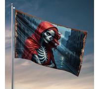 Drapeaux muraux amusants squelette dans cape rouge : un mystérieux drapeau urbain portrait drapeaux de dortoir pour gars drapeaux pour hommes (152 x 244 cm)