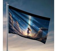 Drapeaux muraux amusants Une fille debout sur un paysage rocheux, regardant une lumière vive dans le ciel. Drapeau décoration de chambre d'université pour gars Accessoires de bar pour maman (30 x 45