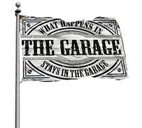 Drapeaux muraux amusants « What Happens In The Garage Stays In The Garage » pour adolescents (120 x 180 cm)