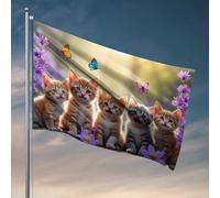 Drapeaux muraux pour gars, cinq chatons mignons dans un jardin avec des papillons et des fleurs, drapeaux fanions, décoration de campagne extérieure (152 x 244 cm)