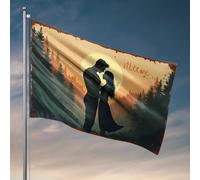 Drapeaux muraux pour gars coucher de soleil romantique dans la forêt : drapeau de voyage d'un couple amoureux - Décoration de maison occidentale - Décoration extérieure de bar (30 x 45 cm)