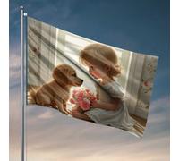 Drapeaux muraux pour gars Papier peint floral : Une petite fille et son chiot Drapeau fanions fanions Décoration de campagne extérieure (30 x 45 cm)
