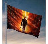 Drapeaux muraux pour gars Un homme marche à travers un paysage urbain dystopique, armé et déterminé. Drapeaux amusants pour chambre de garçons (120 x 180 cm)