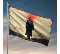 Drapeaux muraux pour hommes en trench-coat marchant à travers le drapeau de paysage urbain post-apocalyptique, décoration de la maison occidentale, décoration de bar extérieure (60 x 90 cm)