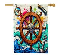 Drapeaux nautiques à roue de bateau 71,1 x 101,6 cm double face pour extérieur, vague de l'océan cool en toile verticale standard, drapeau de maison, ancre boussole avant cour arrière drapeau imprimé