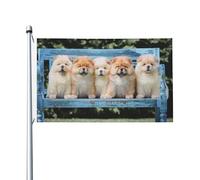 Drapeaux personnalisés en polyester représentant cinq chiots Chow-Chow mignons (1,5 m x 0,9 m) avec œillets, 152 cm x 91 cm.