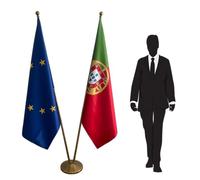 Drapeaux Portugal et Union Européenne avec Mâts et Pied Double - Set de 2 Drapeaux sur Pied pour Bureau, Événement ou Décoration Officielle. Code CN8-EU-PT