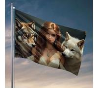 Drapeaux pour adolescentes Une femme dans une robe blanche flanquée de deux loups. Drapeau Accessoires de bateau de pêche Adolescents Stuff(120 x 180 cm)