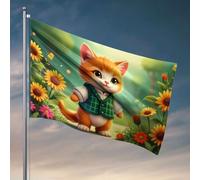 Drapeaux pour adolescents Un joli chaton orange dans un gilet vert entouré de fleurs colorées. Drapeau de pêche Accessoires de bateau de pêche pour adolescents (120 x 180 cm)