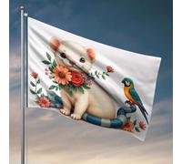 Drapeaux pour adolescents Un joli furet avec des fleurs et un perroquet. Drapeau de pêche Accessoires de bateau pour adolescents (30 x 45 cm)