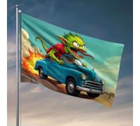 Drapeaux pour adolescents Un monstre vert conduit une voiture bleue avec des flammes derrière elle. Drapeau de pêche Accessoires pour bateaux de pêche (152 x 244 cm)