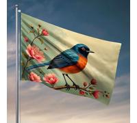 Drapeaux pour adolescents : un oiseau coloré perchoir sur une branche orné de fleurs roses vives. Drapeau de pêche Accessoires pour bateaux de pêche (152 x 244 cm)