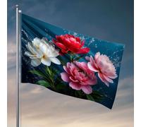 Drapeaux pour chambre à coucher avec quatre pivoines colorées en blanc, rouge, rose et rose clair. Décoration de bar pour la maison, panneau de bienvenue pour porche d'entrée (120 x 180 cm)