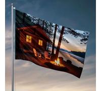 Drapeaux pour chambre à coucher, cabane au bord du lac avec un feu de camp au coucher du soleil. Drapeau amusant pour chambre gars, piscine (152 x 244 cm)