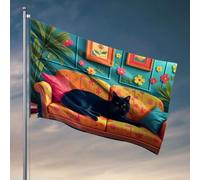 Drapeaux pour chambre à coucher, canapé à motif floral amusant avec chat noir qui se détend. Décorations extérieures pour drapeaux de cour pour gars (30 x 45 cm)