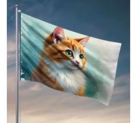Drapeaux pour chambre à coucher, chat orange moelleux avec des yeux verts frappants. Drapeau décoratif pour la maison, panneau de bienvenue pour porche d'entrée (152 x 244 cm)