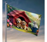 Drapeaux pour chambre à coucher, deux chiots dans une niche rouge avec un chaton blanc à proximité. Drapeaux amusants pour chambre gars piscine (60 x 90 cm)