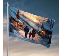 Drapeaux pour chambre à coucher drôle « A Family Walks Down A Snowy Path As The Sun Sets. Drapeau amusant pour mari », accessoires de bar de terrasse (152 x 244 cm)