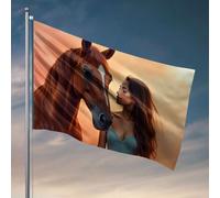 Drapeaux pour chambre à coucher drôle « A Woman in A Blue Dress Standing Side A Brown Horse Flag » Cadeaux amusants pour mari Accessoires de bar de terrasse (152 x 244 cm)