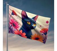 Drapeaux pour chambre à coucher, drôle de chat noir entouré de fleurs vibrantes. Drapeau décoratif pour la maison, panneau de bienvenue pour porche d'entrée St(152 x 244 cm)