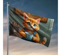 Drapeaux pour chambre à coucher drôle un chat mignon en salopette tenant une tasse de thé. Drapeau décorations extérieures pour les gars (60 x 90 cm)