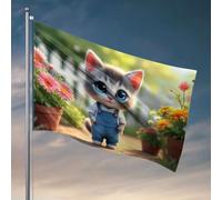 Drapeaux pour chambre à coucher drôle Un chaton mignon en salopette debout parmi des fleurs colorées. Drapeau décoratif pour la maison, panneau de bienvenue pour porche d'entrée St. (30 x 45 cm)