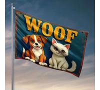Drapeaux pour chambre à coucher drôle un chien et un chat mignons avec « Woof » au-dessus d'eux. Drapeau décoratif pour la maison, panneau de bienvenue pour porche avant St(120 x 180 cm)