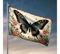 Drapeaux pour chambre à coucher drôle Un papillon noir avec des taches orange sur ses ailes, entouré de fleurs rouges. Décorations extérieures pour drapeaux de cour pour les gars (120 x 180 cm)