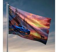 Drapeaux pour chambre à coucher drôle une cabane sereine au bord du lac avec un camion bleu et un cerf au coucher du soleil. Drapeau décorations extérieures pour les gars (152 x 244 cm)