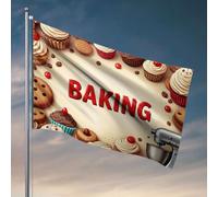 Drapeaux pour chambre à coucher, petits gâteaux, cookies et un mélangeur sur pied entouré du mot « cuisson ». Drapeau amusant pour mari, accessoires de terrasse (120 x 180 cm)