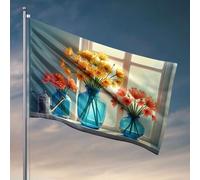 Drapeaux pour chambre à coucher, trois vases amusants avec fleurs colorées sur un rebord de fenêtre. Drapeau drôle pour mari, terrasse, bar, accessoires (60 x 90 cm)