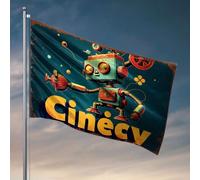 Drapeaux pour chambre à coucher Un robot coloré avec le mot « Cinecy » en dessous. Drapeau d'hiver pour maison, décoration de toilettes (30 x 45 cm)