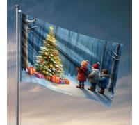 Drapeaux pour chambre d'adolescents, garçons, trois enfants admirent un arbre de Noël magnifiquement décoré dans une forêt enneigée. Drapeau homme, grotte, bar, arrière-cour (120 x 180 cm)