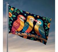 Drapeaux pour chambre d'adolescents garçons trois perroquets colorés perchés sur une branche entourée de fleurs. Drapeau homme grotte bar décoration de jardin (60 x 90 cm)