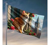 Drapeaux pour chambre d'adolescents garçons Un chat roux assis sur un balcon orné de roses rouges surplombant un paysage urbain Drapeau Man Cave Bar Backyard Decor (120 x 180 cm)