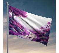 Drapeaux pour chambre d'adolescents garçons Un chemin serein entouré de fleurs violettes vives mène à une chaîne de montagnes lointaine. Drapeau homme grotte bar décoration de jardin (30 x 45 cm)