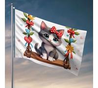 Drapeaux pour chambre d'adolescents garçons Un joli chaton avec un nœud rouge assis sur une balançoire décoré avec des fleurs et des cœurs. Drapeau homme grotte bar décoration de jardin (30 x 45 cm)