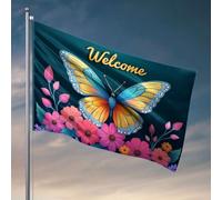 Drapeaux pour chambre de fille Un papillon coloré entouré de fleurs vibrantes avec le mot « Welcome » au-dessus. Drapeau décoratif pour chambre de garçon, décoration de porche d'automne (120 x 180 cm)