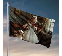 Drapeaux pour chambre de fille Une jeune fille dans une robe blanche joue le violon, accompagnée de son chien. Drapeau décoratif pour porche Accessoires pour joueurs (152 x 244 cm)