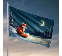 Drapeaux pour chambre de filles « A Fox Sits In A Snowy Forest Under A Crescent Moon » Drapeau décoratif pour porche Accessoires pour joueurs (60 x 90 cm)