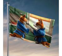 Drapeaux pour chambre de garçon Deux renards de dessin animé en uniforme d'arts martiaux bleus Secouez la main. Drapeaux universitaires pour dortoir, drapeaux pour chambre de gars drôles (30 x 45 cm)