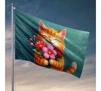 Drapeaux pour chambre de garçon, un joli chat orange tenant un bouquet de fleurs. Drapeau amusant pour dortoir universitaire fille porte de chambre (30 x 45 cm)