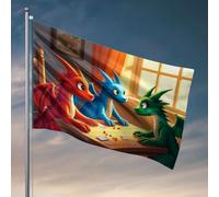 Drapeaux pour chambre de garçons Trois dragons à jouer aux cartes près de la fenêtre. Drapeau amusant pour dortoir universitaire filles chambre porte De(120 x 180 cm)