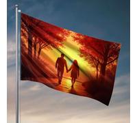 Drapeaux pour chambre drôle « A Couple Walks Hand In » sur un chemin bordé d'arbres d'automne alors que le soleil se couche, décoration de chambre à coucher pour homme (30 x 45 cm)